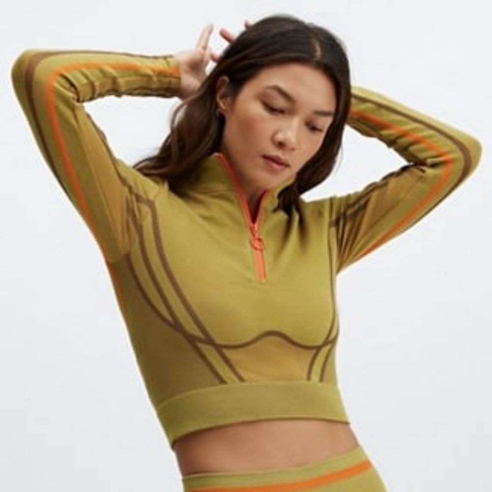 Fabletics Opal Seamless Half-zip Green & Orange Long Sleeve Crop Top